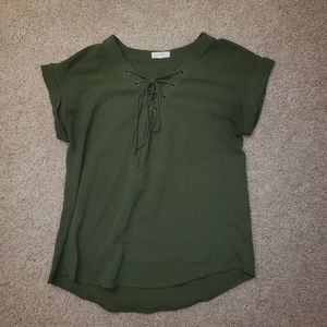 Olive Green Short-Sleeved Lace-Up Top